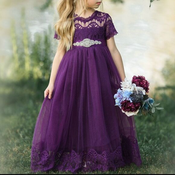 Purple Lace Flower Girl Dress Size 4 - Picture 1 of 9